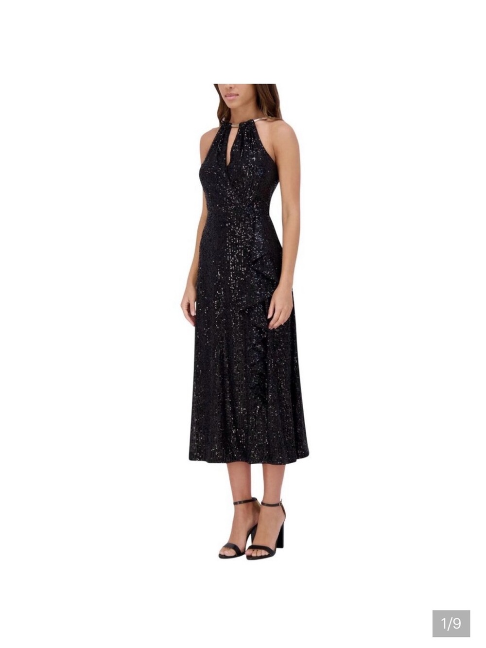 Kensie Black Sequin Maxi Dress with Silver Chain Halter